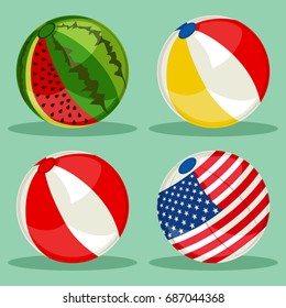 Beach ball set with patterns of the american flag, watermelon and classic colors. Vector cartoon flat icons isolated on background.