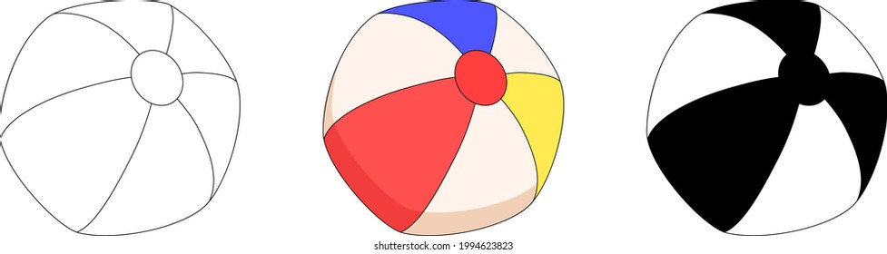 Beach ball, set of vector illustrations. Inflatable ball for water games. Balls in summer design, hand drawn with lines, silhouette, black and white, beach ball multicolored with a shadow in cartoon