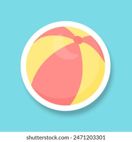 A beach ball sticker on a blue background. Summer sticker. Vector illustration.