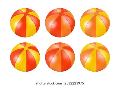 Beach ball, summer inflatable pool toy. Vector isolated 3d render. Ocean island party beachball. Circus clown icon, red orange water balloon. Yellow color realistic plastic object, inflate to game