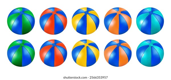 Beach ball, summer inflatable pool toy. Vector isolated 3d render. Ocean island party beachball. Circus clown icon, red white water balloon. Blue yellow color realistic plastic object, inflate to game