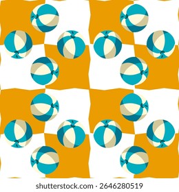 Beach Ball Summer Pattern Design. Seamless pattern with turquoise beach balls scattered over orange and white wavy checkered background. Flat cartoon style with bold summer palette.
