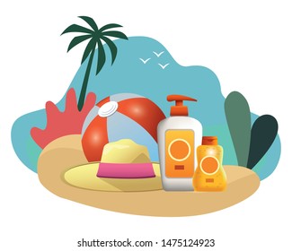 Beach ball and sun bronzers with summer hat in the beach scenery background ,vector illustration graphic design.