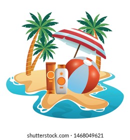 Beach ball and sun bronzers under umbrella in the beach scenery background ,vector illustration graphic design.