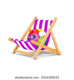 beach ball and sunglasses on the beach deck chair isolated on the white background. summer vacation leisure and travel concept clip art vector illustration.