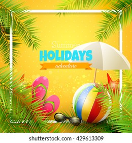 Beach ball, sunglasses, palm leaves, diving fins, flip-flops and bucket on orange background. Summer vacation concept