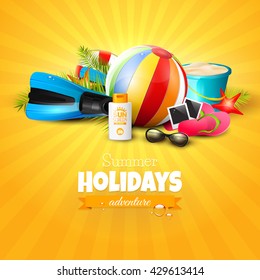 Beach ball, sunglasses, palm leaves, diving fins, flip-flops and bucket on orange background. Summer vacation concept