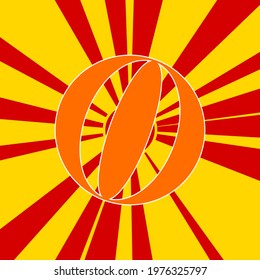 Beach ball symbol on a background of red flash explosion radial lines. The large orange symbol is located in the center of the sun, symbolizing the sunrise. Vector illustration on yellow background