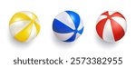 Beach ball top view, 3d render isolated vector. Inflatable toy in sea water pool. Ocean island trip, vacation symbol. Summer party colored icon. Floating balloon realistic. Red, yellow blue striped