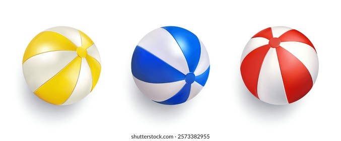 Beach ball top view, 3d render isolated vector. Inflatable toy in sea water pool. Ocean island trip, vacation symbol. Summer party colored icon. Floating balloon realistic. Red, yellow blue striped