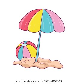 Beach Ball con paraguas colorantes Línea de ilustración vectorial, pictograma de estilo lineal aislado