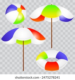 Beach ball, umbrella and swimming ring, summer set on transparent background, vector illustration.