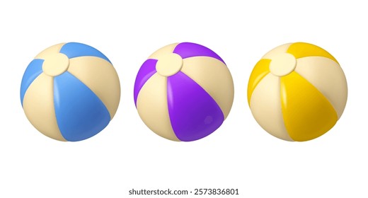 Beach ball vector 3d icon set. Summer pool toy for kid games. Inflatable balloon collection isolated on white background