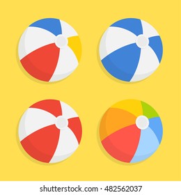 Beach ball vector icon set isolated from the background. Striped colored inflatable beach balls in a flat style. The symbol of leisure and fitness. 
