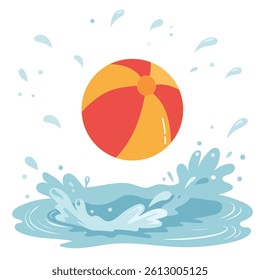 Beach ball in the water with splashes. Vector illustration.