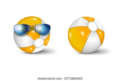 beach ball wearing sunglasses, normal beach ball. isolated on the white background. summer vacation funny sport objects vector illustration.