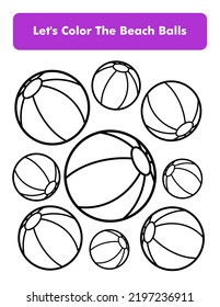 Beach Balls Coloring Book Page In Letter Page Size. Children Coloring Worksheet. Premium Vector Element.