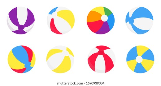 Beach balls flat style design vector illustration icon signs isolated on white background. Retro styled toy for summer games or holidays balls in various colors and positions.