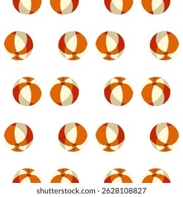 Beach Balls Repeat Pattern. Seamless pattern with striped beach balls on white background, flat playful summer design for textiles and decor.