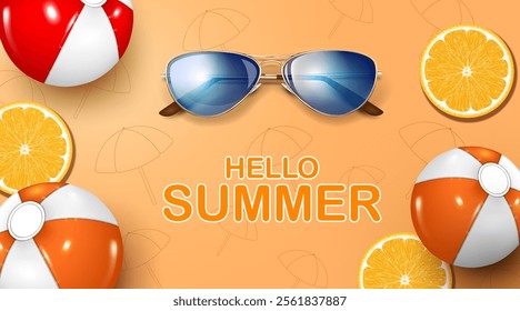 beach balls,sunglasses,orange slices on the light orange background top view element. hello summer and vacation fun travel concept business promotion advertising banner vector illustration.