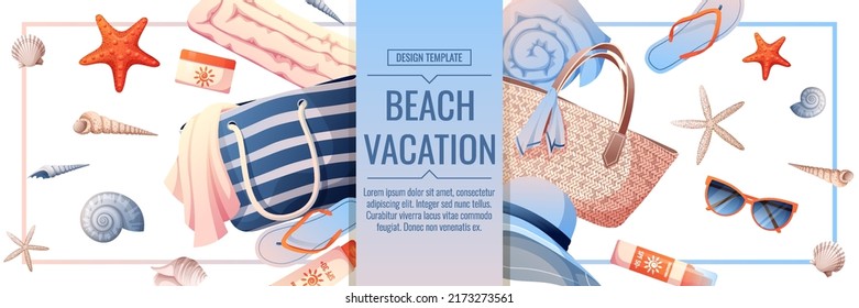 Beach banner with accessories for relaxing by the sea. Beach bag, sunscreen, glasses, towel, shells. Webbaner, poster, flyer, advertising