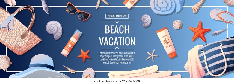 Beach banner with accessories for relaxing by the sea on a blue background . Beach bag, sunscreen, glasses, towel, shells. Webbaner, poster, flyer, advertising.