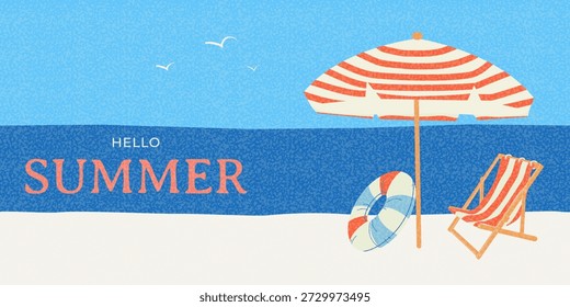 Ilustração da bandeira da praia com guarda-chuva listrado, cadeira de praia, anel inflável, gaivotas, oceano azul. Férias de verão, viagens. Vetor.