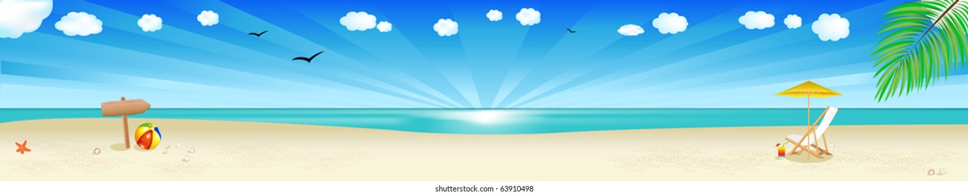 Beach Banner, Tropical Landscape With Beach, Sea And Palm Tree, Vector Illustration