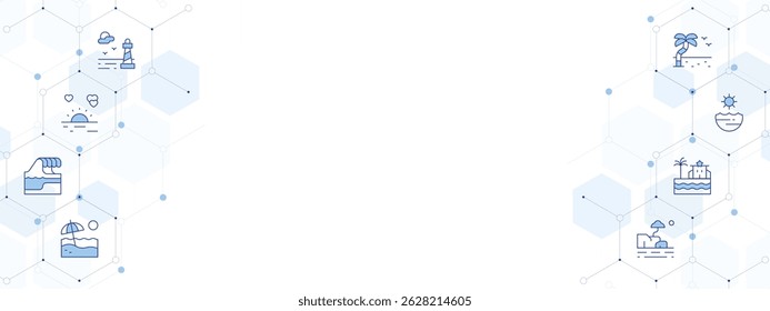 Beach Banner Vector Illustration with Two-sided Icon Style. Line Duotone icon. Containing. sea, sunset, beach, rocky.
