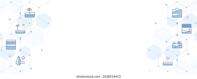 Beach Banner Vector Illustration with Two-sided Icon Style. Line Duotone icon. Containing. beach, surfboard, sea, beach volleyball.