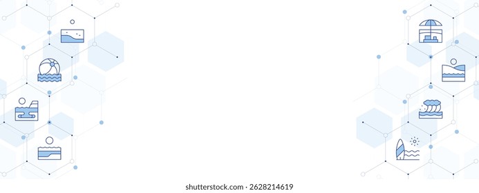 Beach Banner Vector Illustration with Two-sided Icon Style. Line Duotone icon. Containing. beach, beach ball, waves.