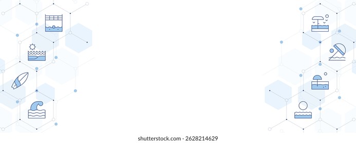 Beach Banner Vector Illustration with Two-sided Icon Style. Line Duotone icon. Containing. beach volleyball, beach, surfing board, wave, sunrise.