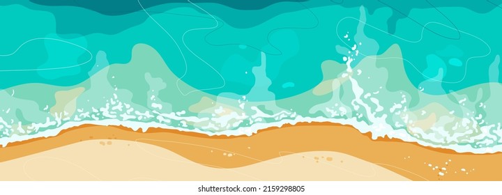 Beach banner with yellow sand and blue sea. Top view on shore coast with water wave, white foam. Summer seascape from air.