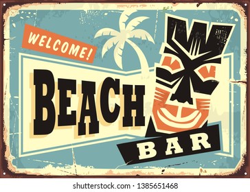 Beach Bar Advertising With Hawaii Tiki Mask And Palm Tree. Retro Commercial Sign For Summer Party Cafe.