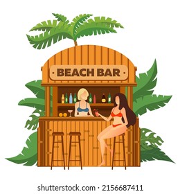 Beach bar with alcohol surrounded by tropical plants with two girls. Vector illustration.