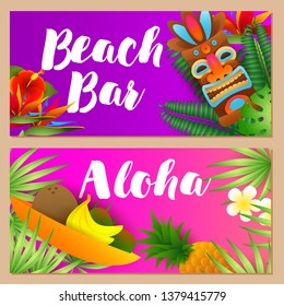 Beach Bar, Aloha letterings set, tropical fruits, tribal mask. Tourism, summer, vacation advertising design. Handwritten text, calligraphy. For leaflets, brochures, invitations, posters or banners.