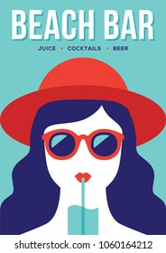 Beach bar banner or poster design with girl in red summer hat and sunglasses drinking cocktail. Flat illustration in retro style.