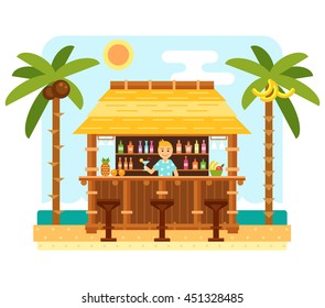 Beach bar and barmen. Flat beach scene with tropical hut, chairs, sea, send and palm tree. 