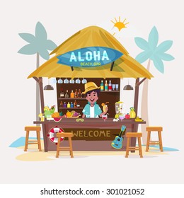 beach bar with bartender character. cafe-bar bungalows on the beach. summer vacation concept - vector illustration