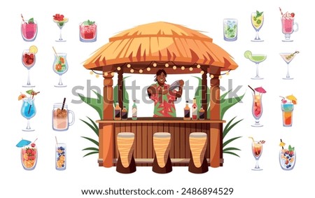 Beach bar with bartender. Tropical fresh drinks, cold tasty summer beverages in glasses, resort bar counter with thatched roof, man makes mojito, tidy vector cartoon flat isolated set