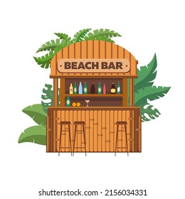 Beach bar with bottles of alcohol surrounded by tropical plants. Vector illustration.