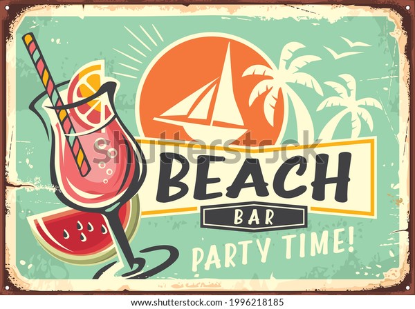 Beach bar cocktail party retro\
poster layout. Tropical paradise theme with cocktail glass drink,\
sailboat and palm trees. Summer vacation vintage sign\
design.