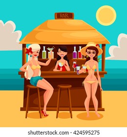 Beach bar with a cocktail, vector cartoon illustration with girls, bartender, cocktails, and a man Summer vacation at the beach, a trip to the warm sea, Rest on vacation with alcohol