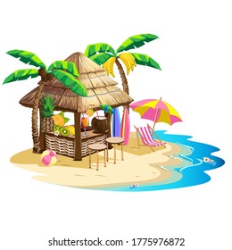 Beach bar with cocktails by the sea. Summer vacation on the beach. Cartoon style. Templates for invitations and advertising. Vector illustration.