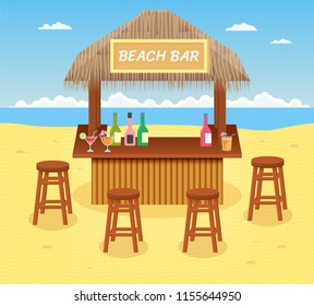 Beach bar with cocktails and drinks. Concept of summer vacation. Cartoon style. Vector illustration.