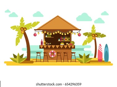 Beach Bar Cocktails In Tropical Resort For Summer Holiday Vacations Vector Flat