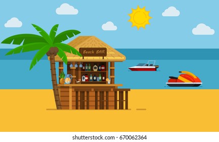 Beach bar cocktails in tropical resort for summer holiday vacations vector flat