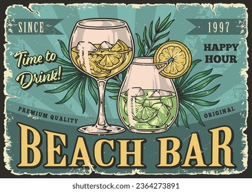 Beach bar colorful vintage poster with two glasses filled with cold refreshing cocktails for memorable summer vacation vector illustration