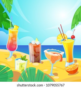 Beach bar concept. Tropical alcohol beverages on sand. Vector illustration. Mojito, sidecar, tequila sunrise, cuba libre cocktails.