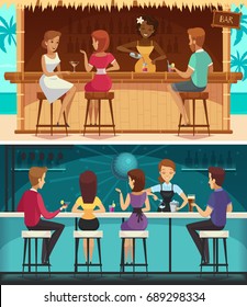 Beach bar and evening bar cartoon horizontal banners with female staff and  resting people at bar counter  flat vector illustration  